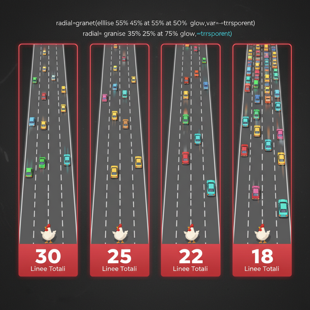 Confronto visivo dei 4 livelli di difficoltà in Chicken Road 2: Easy 30 linee, Medium 25, Hard 22, Hardcore 18