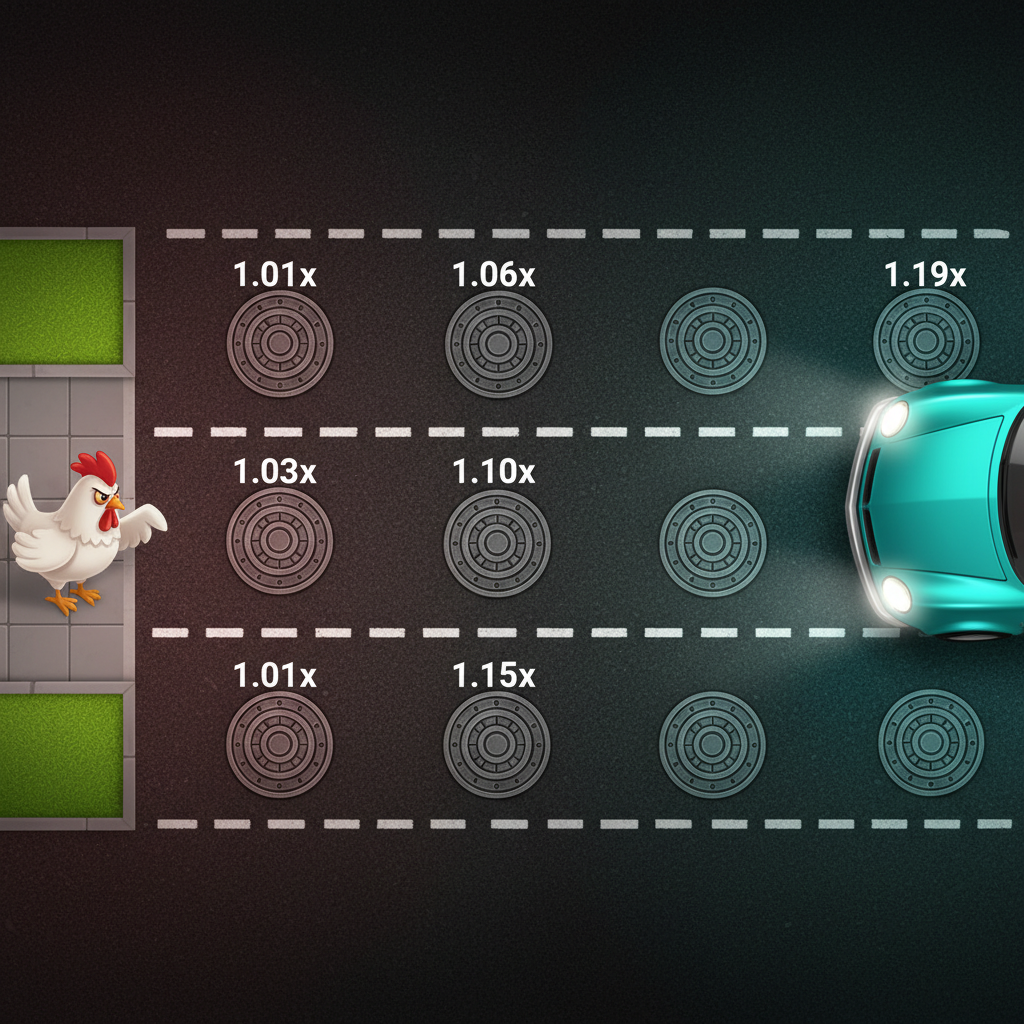Diagramma delle 6 corsie di Chicken Road 2 con moltiplicatori progressivi da 1.01× a 1.19× su ciascun tombino