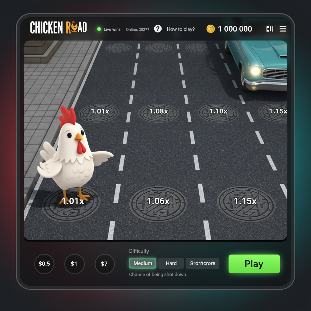 Schermata della modalità demo di Chicken Road 2 con saldo virtuale e 6 corsie visibili