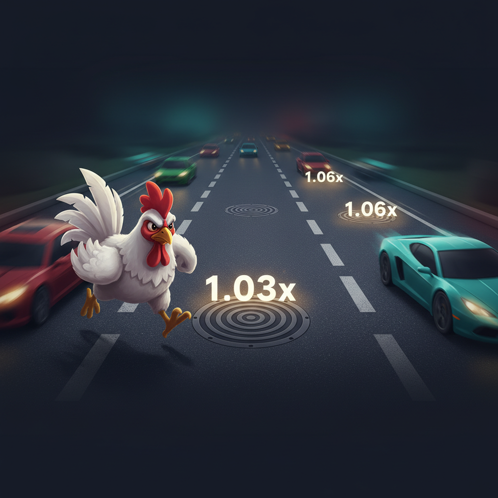 Schermata di gioco Chicken Road 2 con il pollo che attraversa 6 corsie di traffico e moltiplicatore attivo